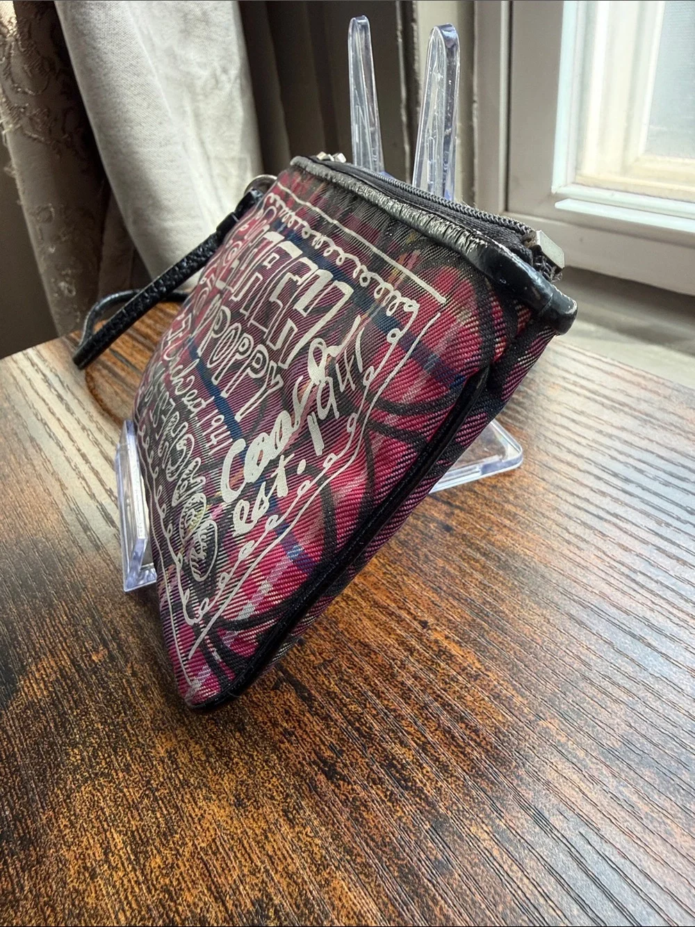 COACH Pink and Black Poppy Plaid Wristlet